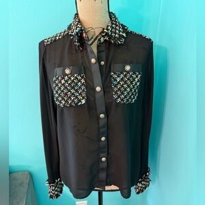 EUC Women’s Beautiful Edward Achour Sheer Blouse w/Multi-Color Tweed Accents